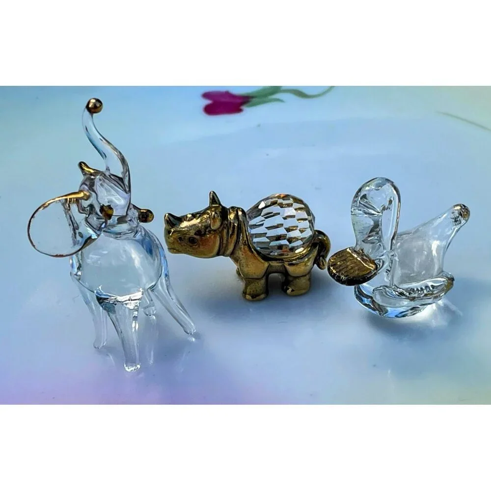 Vintage 1970s Lot 3 Miniature blown glass animals Duck, elephant, Rhino - Picture 1 of 8